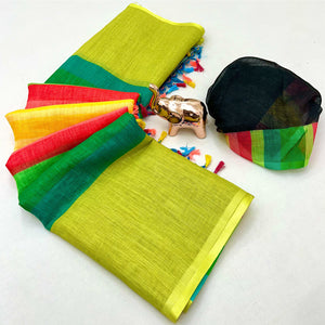 Soft & Comfortable Green Linen Saree with Modern Printed Styling