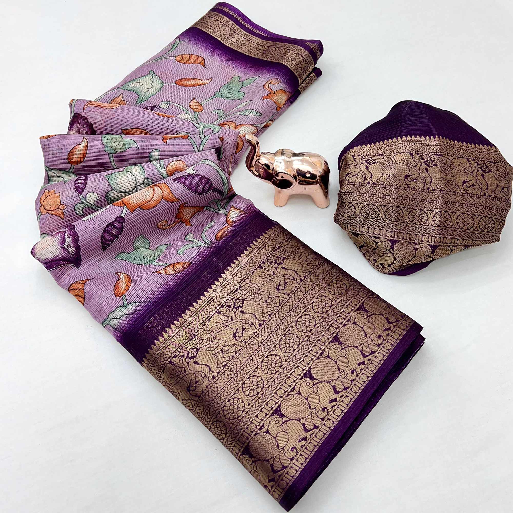 Purple Kashmiri Floral Printed Kota Doria Saree With Bandhani Pallu & Rich Zari Weaving Border