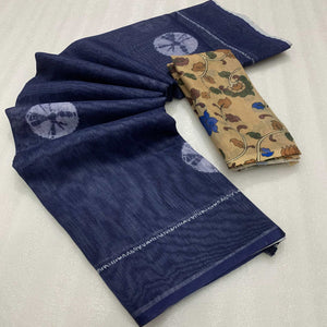 Blue Batik Printed Linen Saree