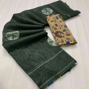 Green Batik Printed Linen Saree