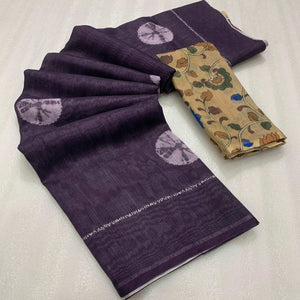 Plum Purple Batik Printed Linen Saree
