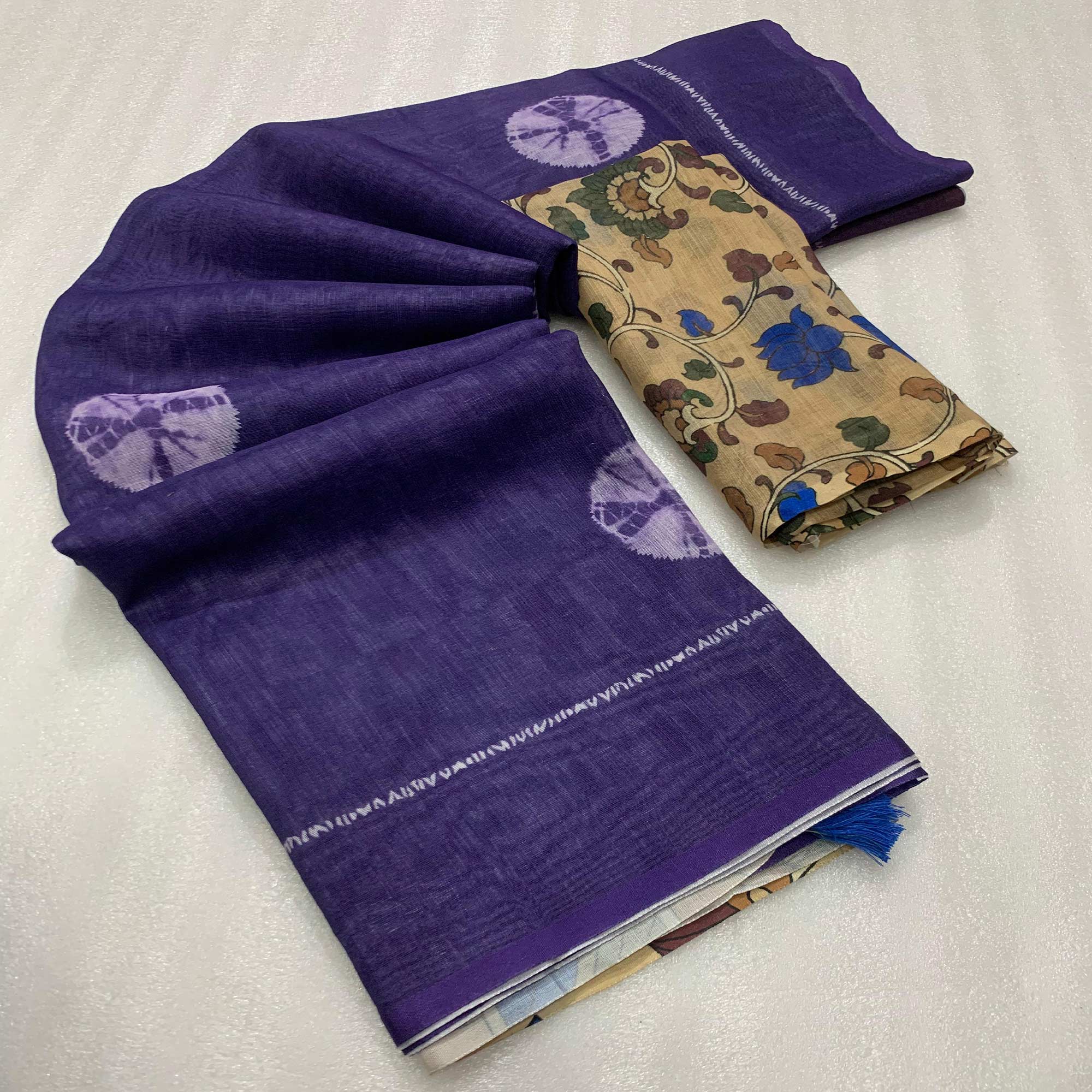 Purple Batik Printed Linen Saree