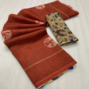 Rust Batik Printed Linen Saree