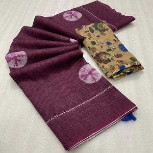 Wine Batik Printed Linen Saree
