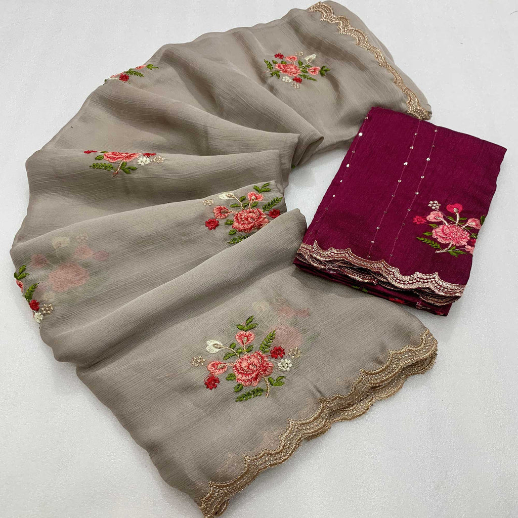 Pearl Grey Floral Embroidered Satin Silk Draped Saree main image 1