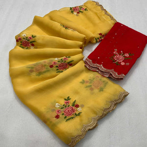 Yellow Floral Embroidered Chiffon Saree