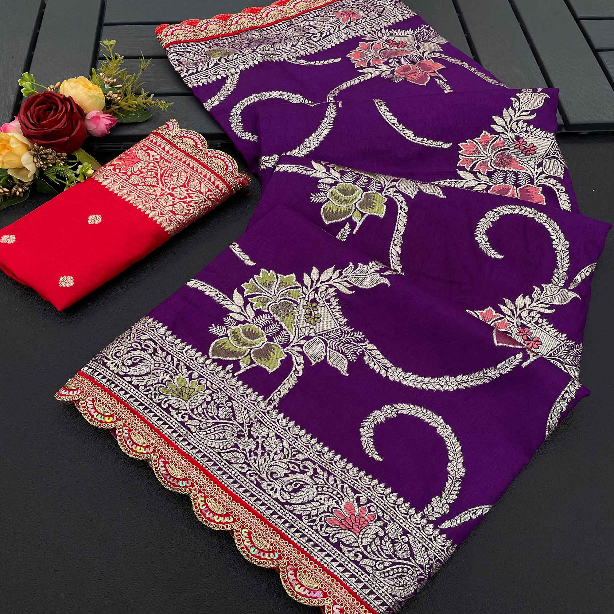 Purple Floral Woven Dola Silk Saree With Lace Border