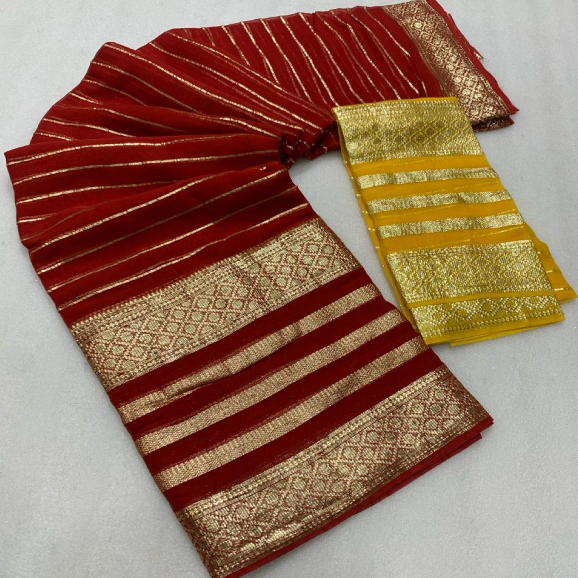 Dark Red Striped Zari Woven Viscose Saree