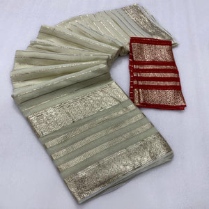 Offwhite & Red Striped Zari Woven Viscose Saree