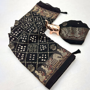 Elegant Black Bandhani Foil Printed Georgette Saree Highlighted With Soft Tassel Pallu