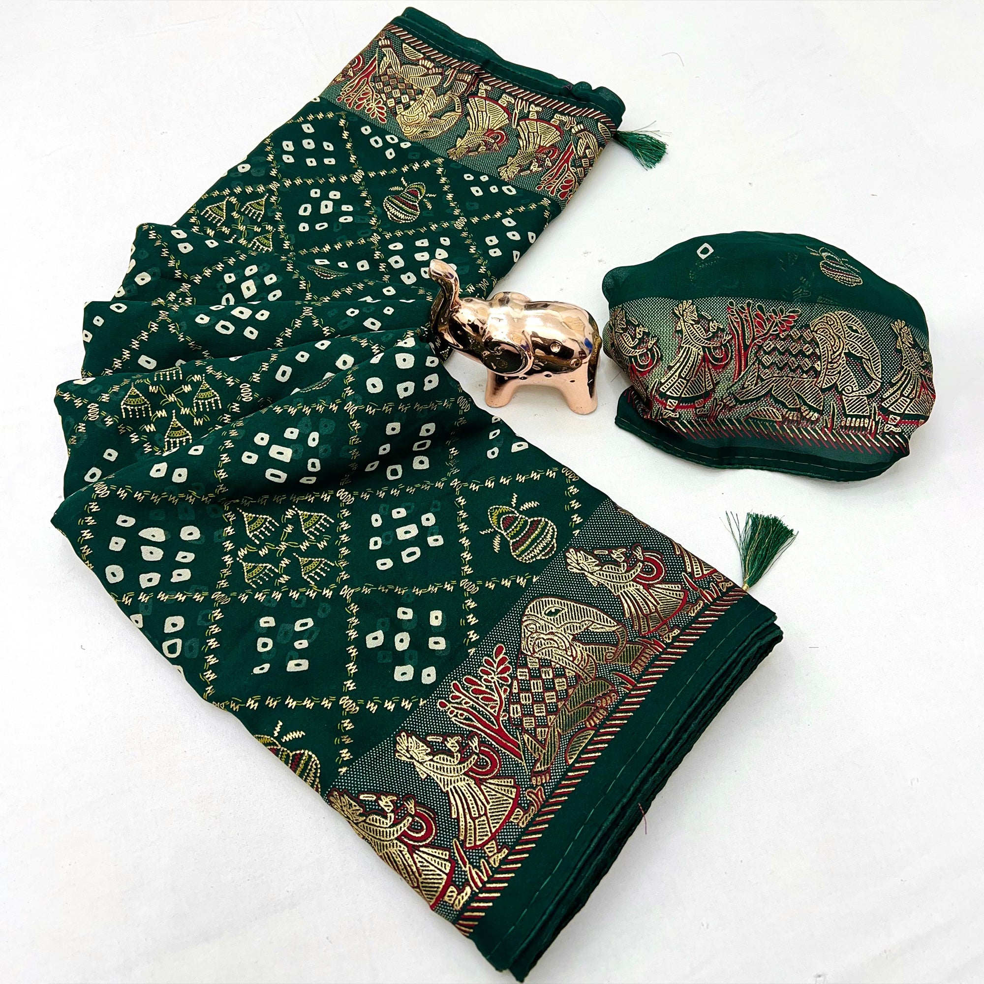 Elegant Bottle Green Bandhani Foil Printed Georgette Saree Highlighted With Soft Tassel Pallu