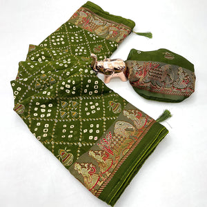 Elegant Mehendi Green Bandhani Foil Printed Georgette Saree Highlighted With Soft Tassel Pallu