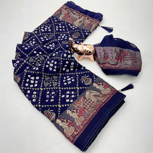 Elegant Navy Blue Bandhani Foil Printed Georgette Saree Highlighted With Soft Tassel Pallu