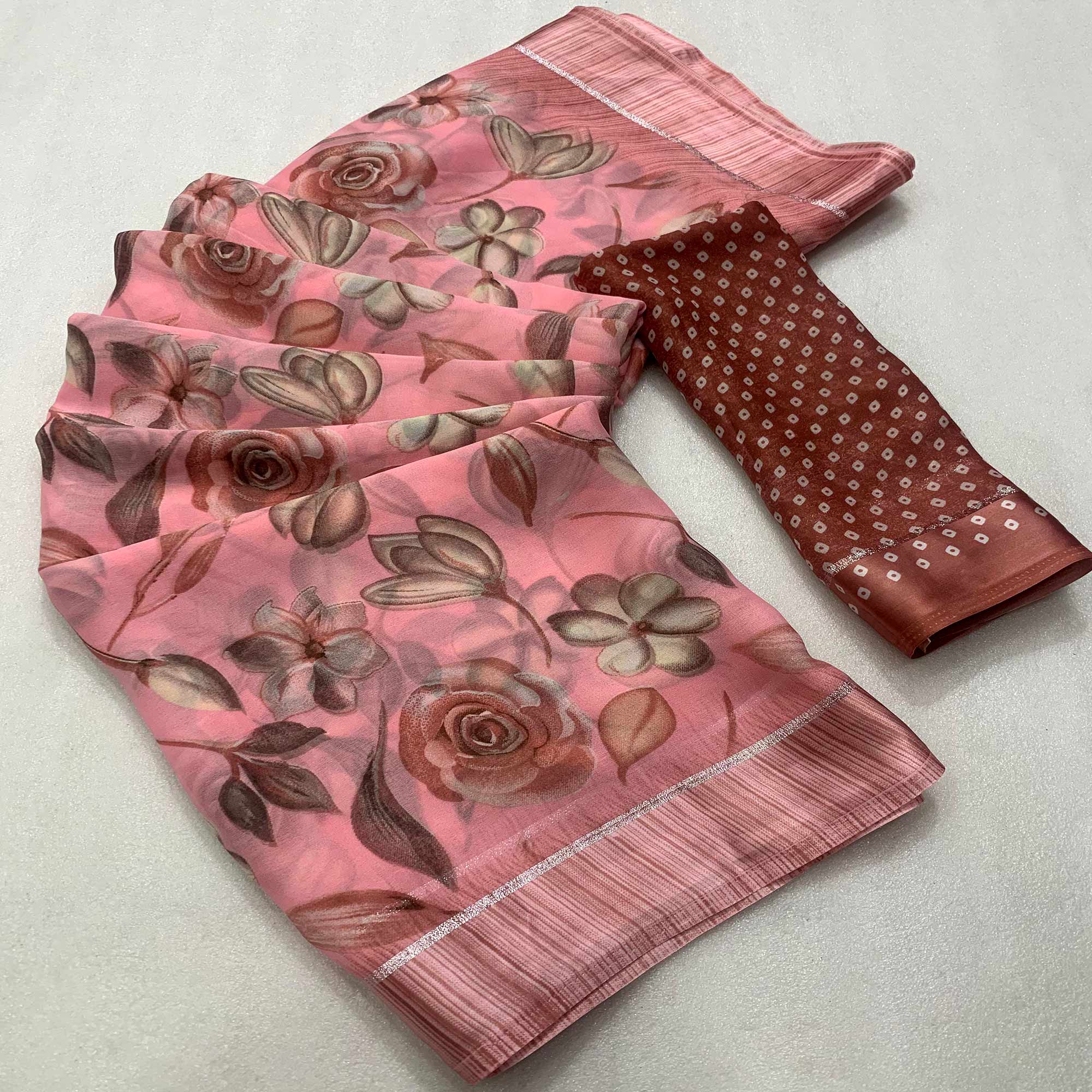 Peach Floral Printed Chiffon Saree