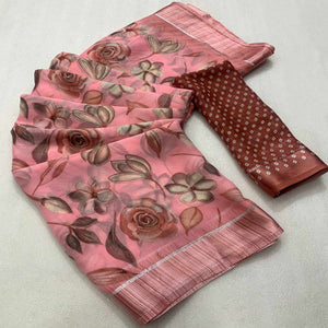 Peach Floral Printed Chiffon Saree