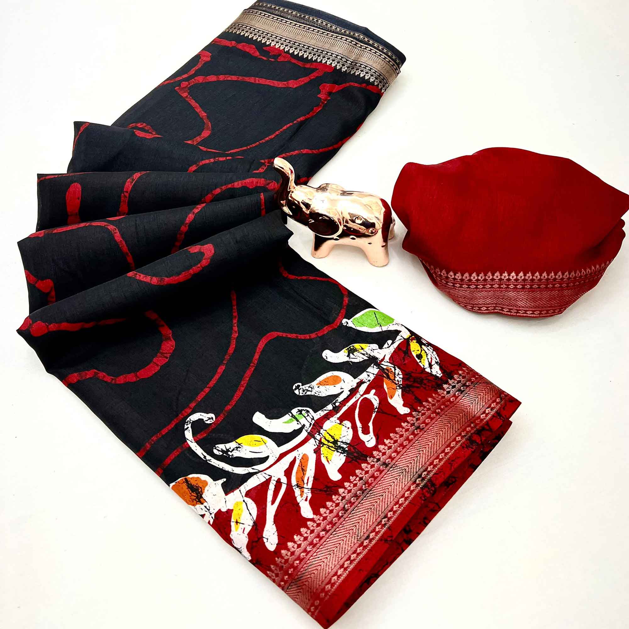 Majestic Black Batik Abstract Printed Cotton Blend Saree With Elegant Zari Weaving Border