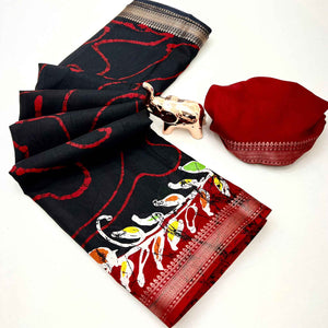 Majestic Black Batik Abstract Printed Cotton Blend Saree With Elegant Zari Weaving Border