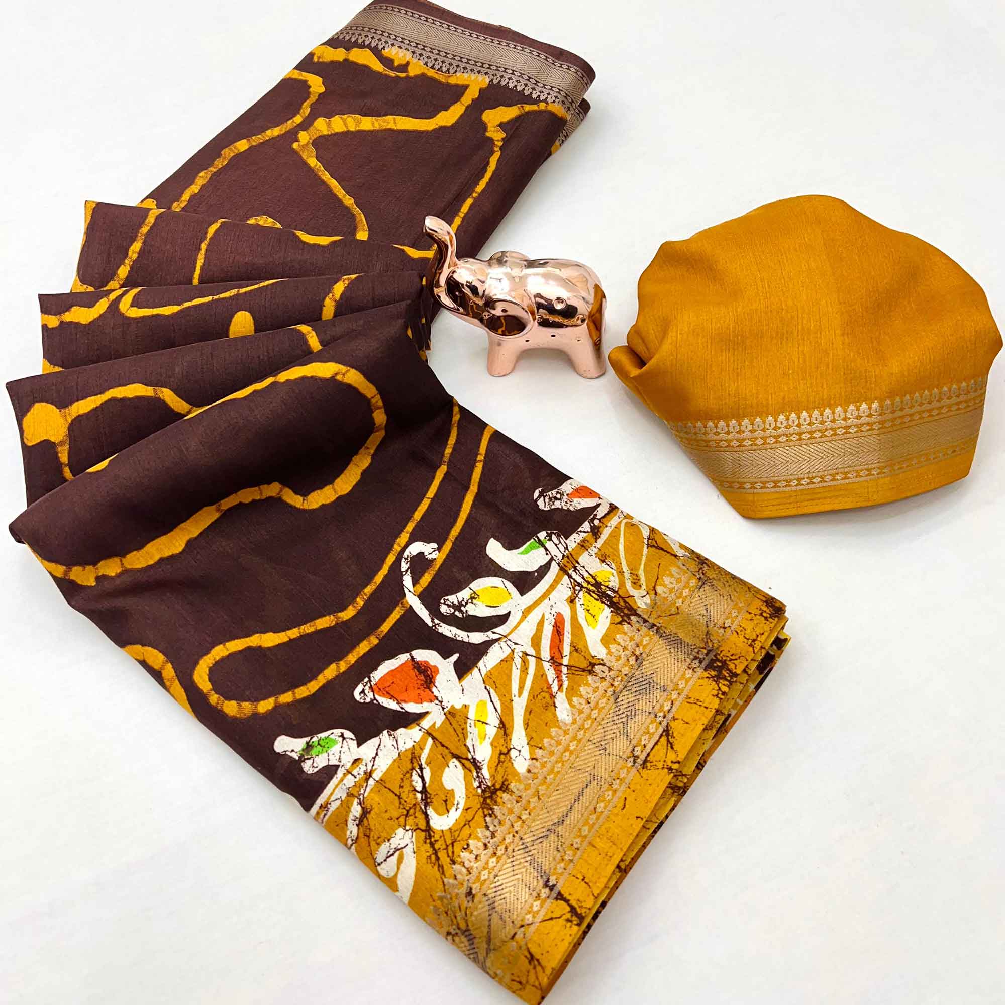 Majestic Brown Batik Abstract Printed Cotton Blend Saree With Elegant Zari Weaving Border