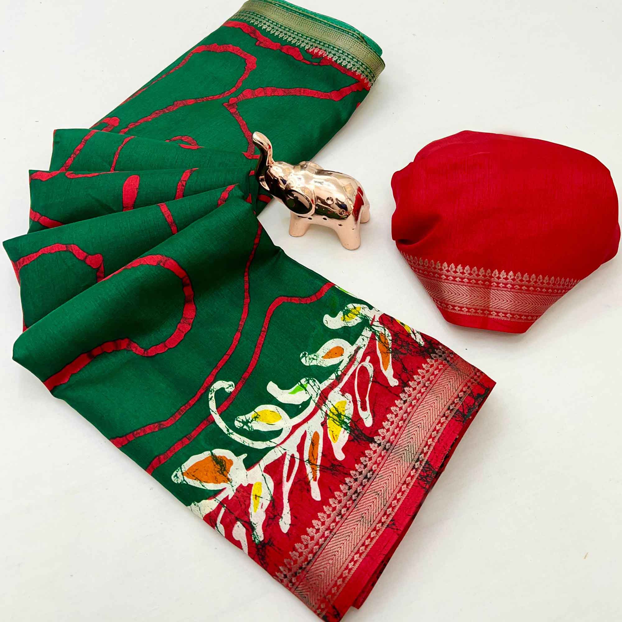 Majestic Green Batik Abstract Printed Cotton Blend Saree With Elegant Zari Weaving Border