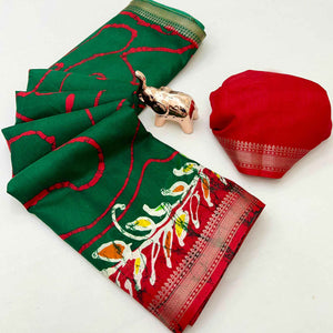 Majestic Green Batik Abstract Printed Cotton Blend Saree With Elegant Zari Weaving Border