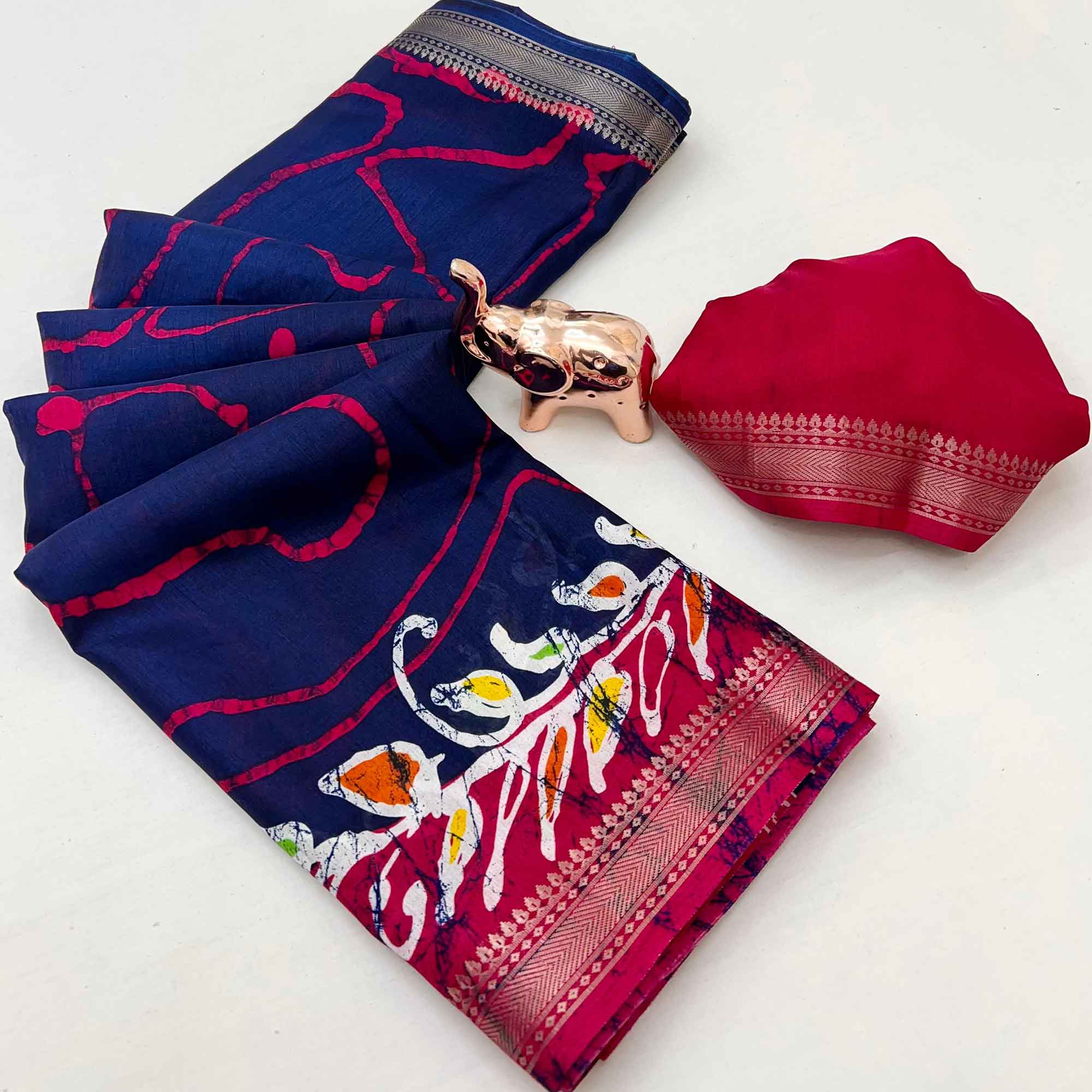 Majestic Navy Blue Batik Abstract Printed Cotton Blend Saree With Elegant Zari Weaving Border