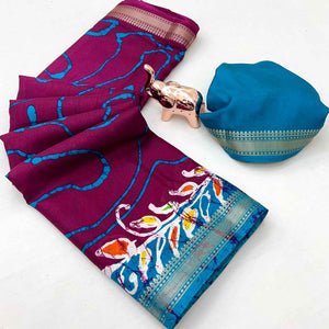 Majestic Wine Batik Abstract Printed Cotton Blend Saree With Elegant Zari Weaving Border