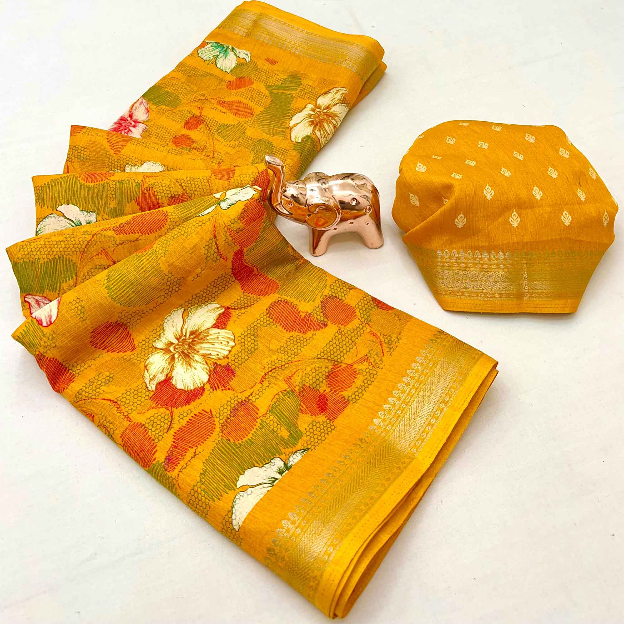 Classic Mustard Floral Printed Cotton Blend Saree With Elegant Zari Weaving Border