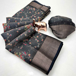 Black Floral Printed Cotton Blend Saree With Zari Woven Border