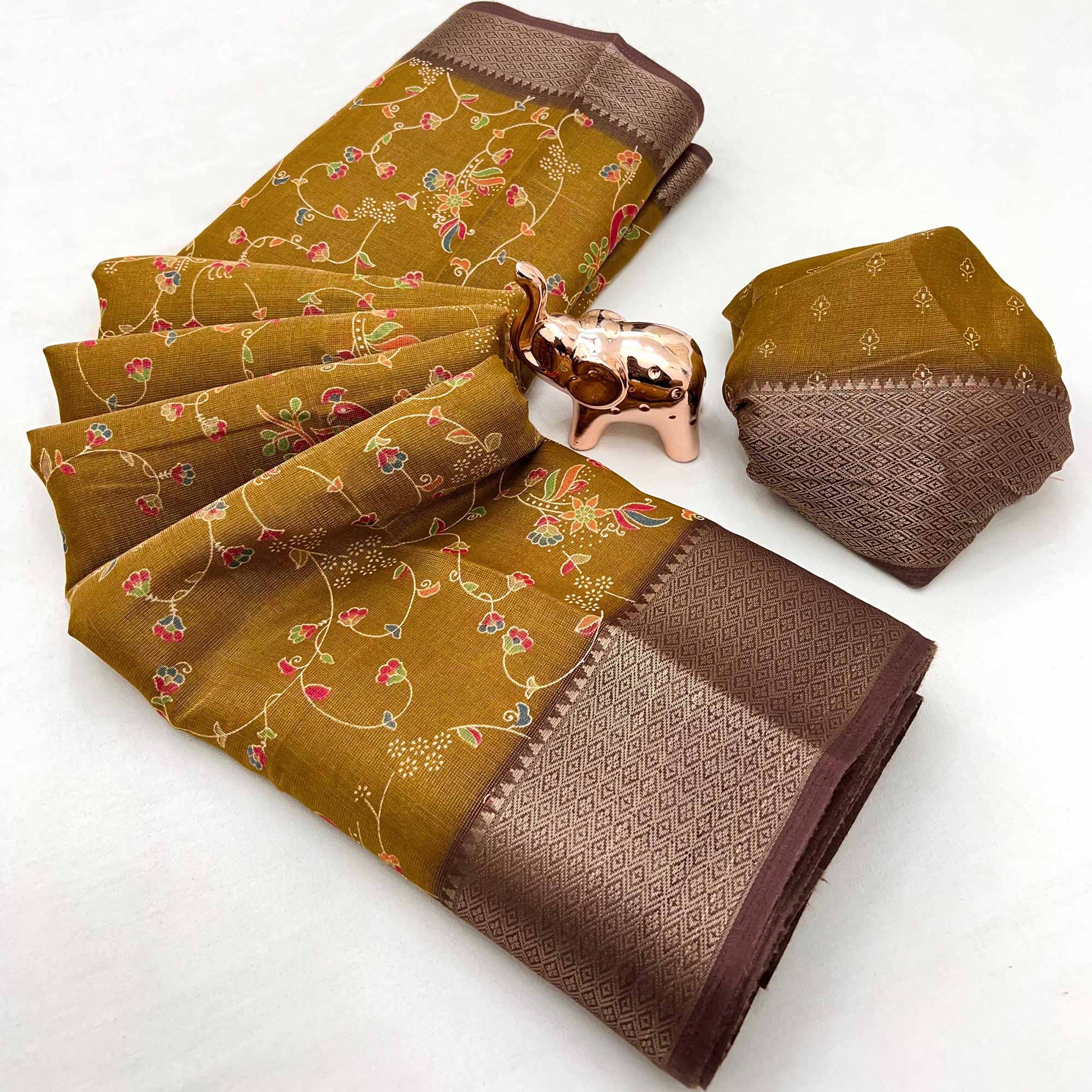 Dark Mustard Floral Printed Cotton Blend Saree With Zari Woven Border
