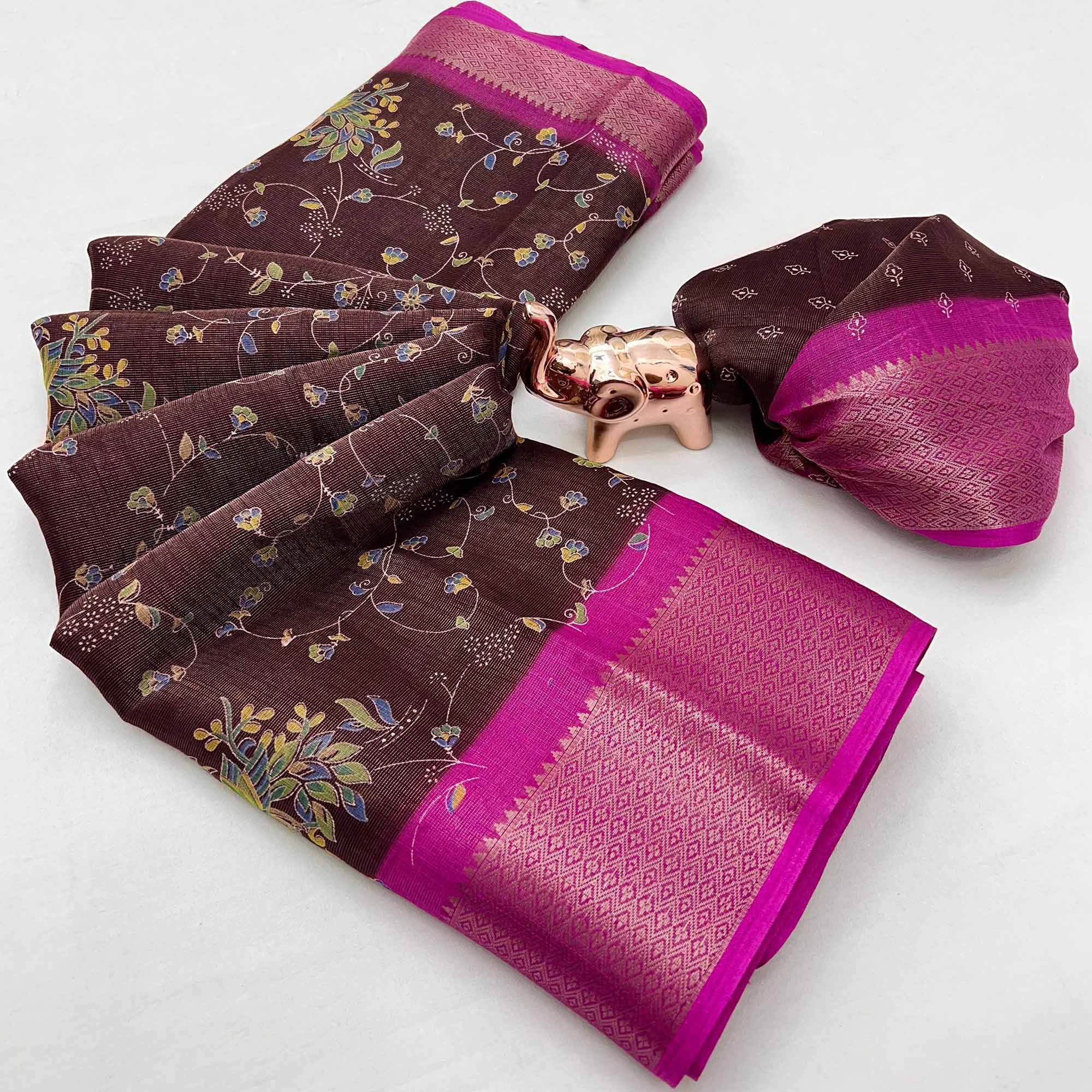 Deep Brown Floral Printed Cotton Blend Saree With Zari Woven Border