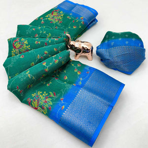 Green Floral Printed Cotton Blend Saree With Zari Woven Border