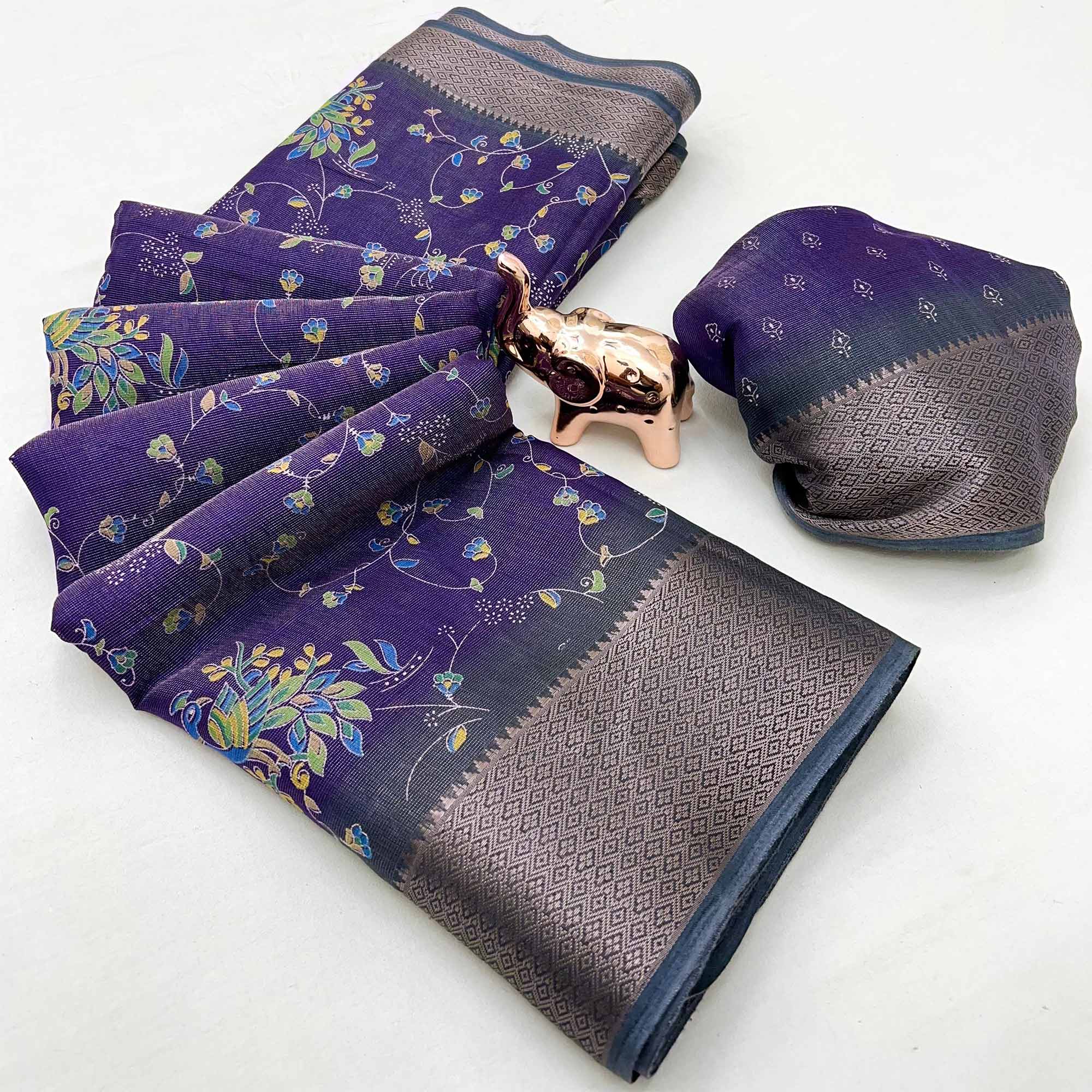 Purple Floral Printed Cotton Blend Saree With Zari Woven Border