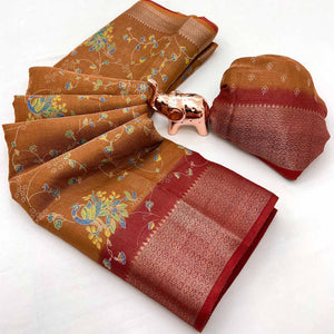 Rust Floral Printed Cotton Blend Saree With Zari Woven Border