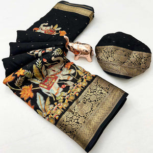 Elegant Black Elephant & Floral Printed Georgette Saree Accented With Gleaming Weaving Zari Border