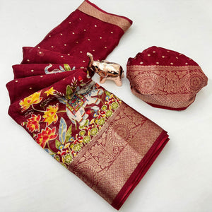 Elegant Maroon Elephant & Floral Printed Georgette Saree Accented With Gleaming Weaving Zari Border