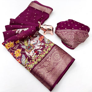 Elegant Wine Elephant & Floral Printed Georgette Saree Accented With Gleaming Weaving Zari Border