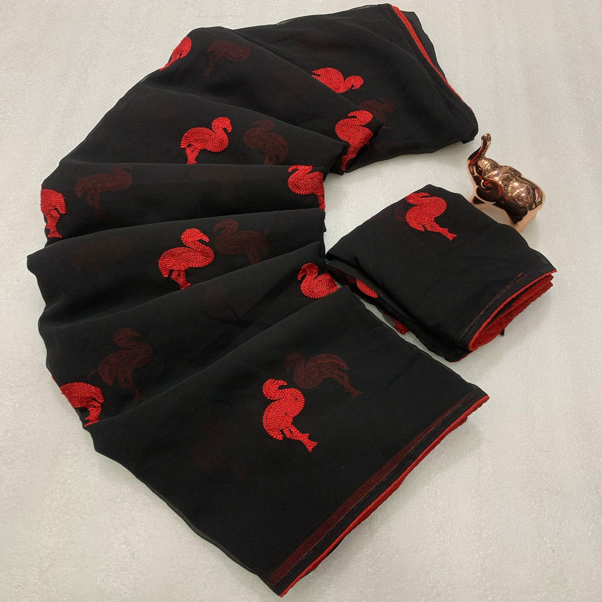 Black Georgette Saree With Intricate Bird Pattern Thread Embroidery