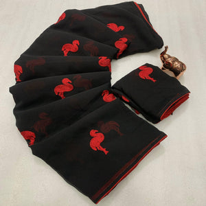 Black Georgette Saree With Intricate Bird Pattern Thread Embroidery