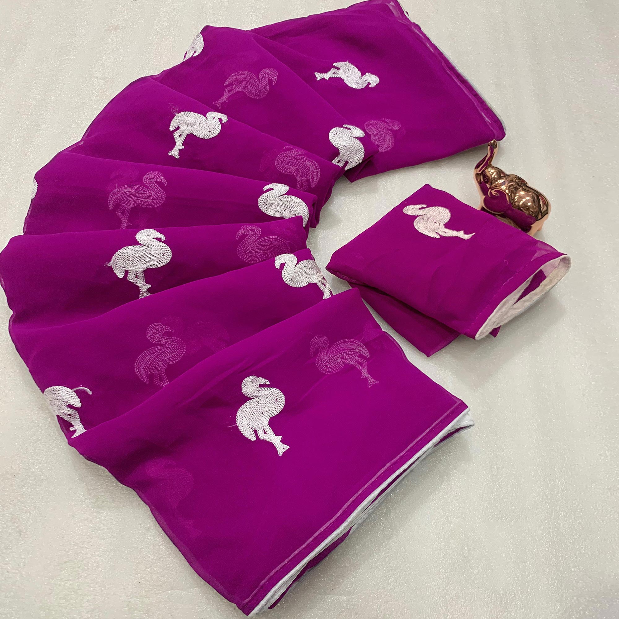 Dark Magenta Georgette Saree With Intricate Bird Pattern Thread Embroidery