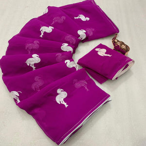 Dark Magenta Georgette Saree With Intricate Bird Pattern Thread Embroidery