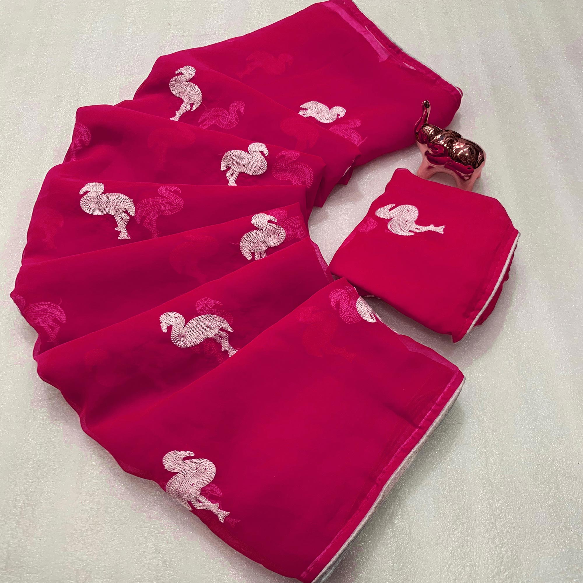 Pink Georgette Saree With Intricate Bird Pattern Thread Embroidery