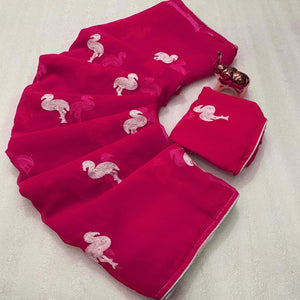 Pink Georgette Saree With Intricate Bird Pattern Thread Embroidery