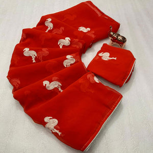 Red Georgette Saree With Intricate Bird Pattern Thread Embroidery