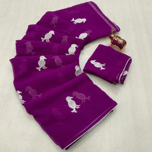 Dark Purple Georgette Saree Adorned With Elegant Bird Embroidery