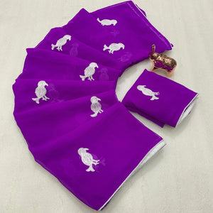 Purple Georgette Saree Adorned With Elegant Bird Embroidery