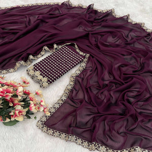 Wine Solid Rangoli Art Silk Saree With Sequins Embroidered Border