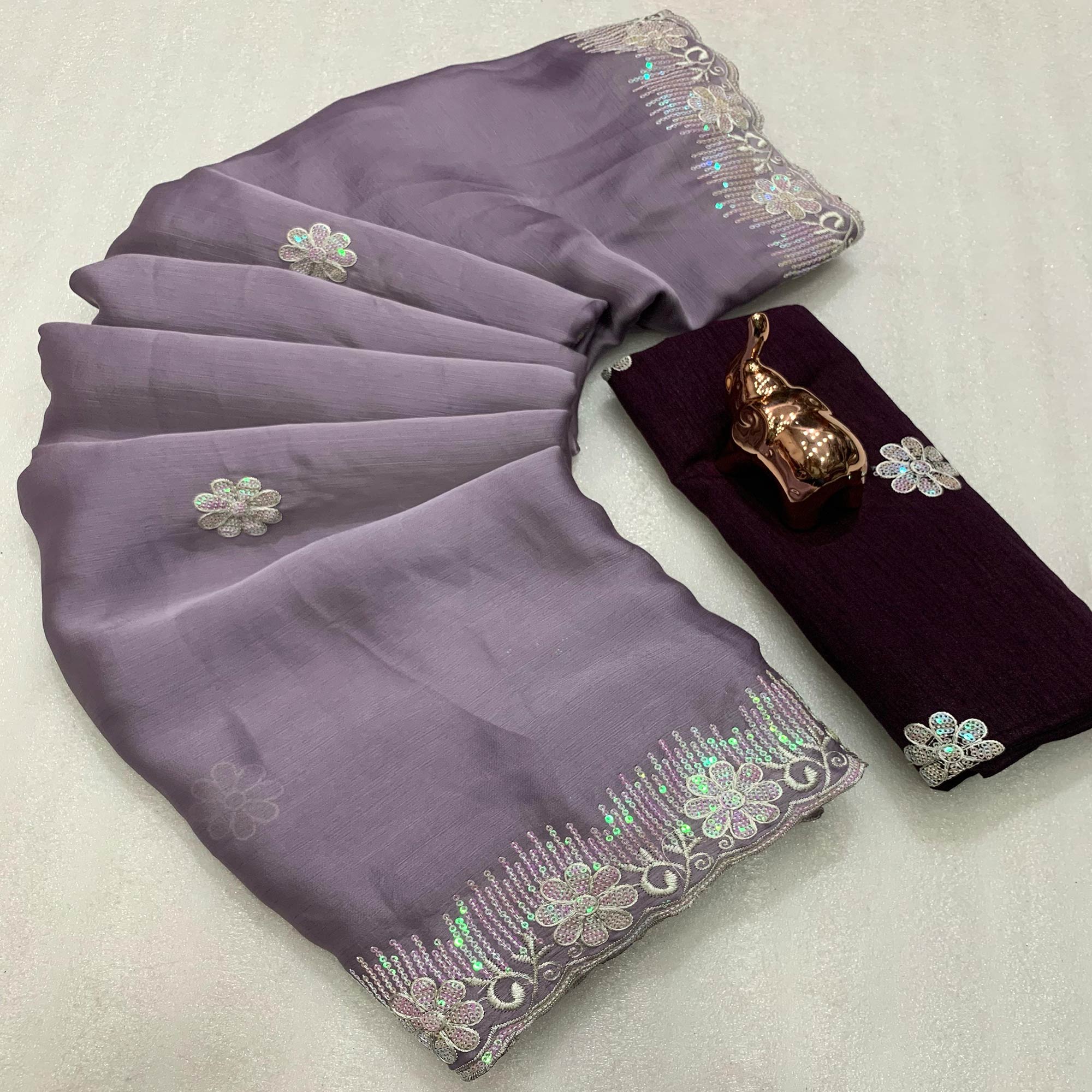 Lightweight Dusty Lavender Embroidered Saree with Shimmering Sequins on Chiffon