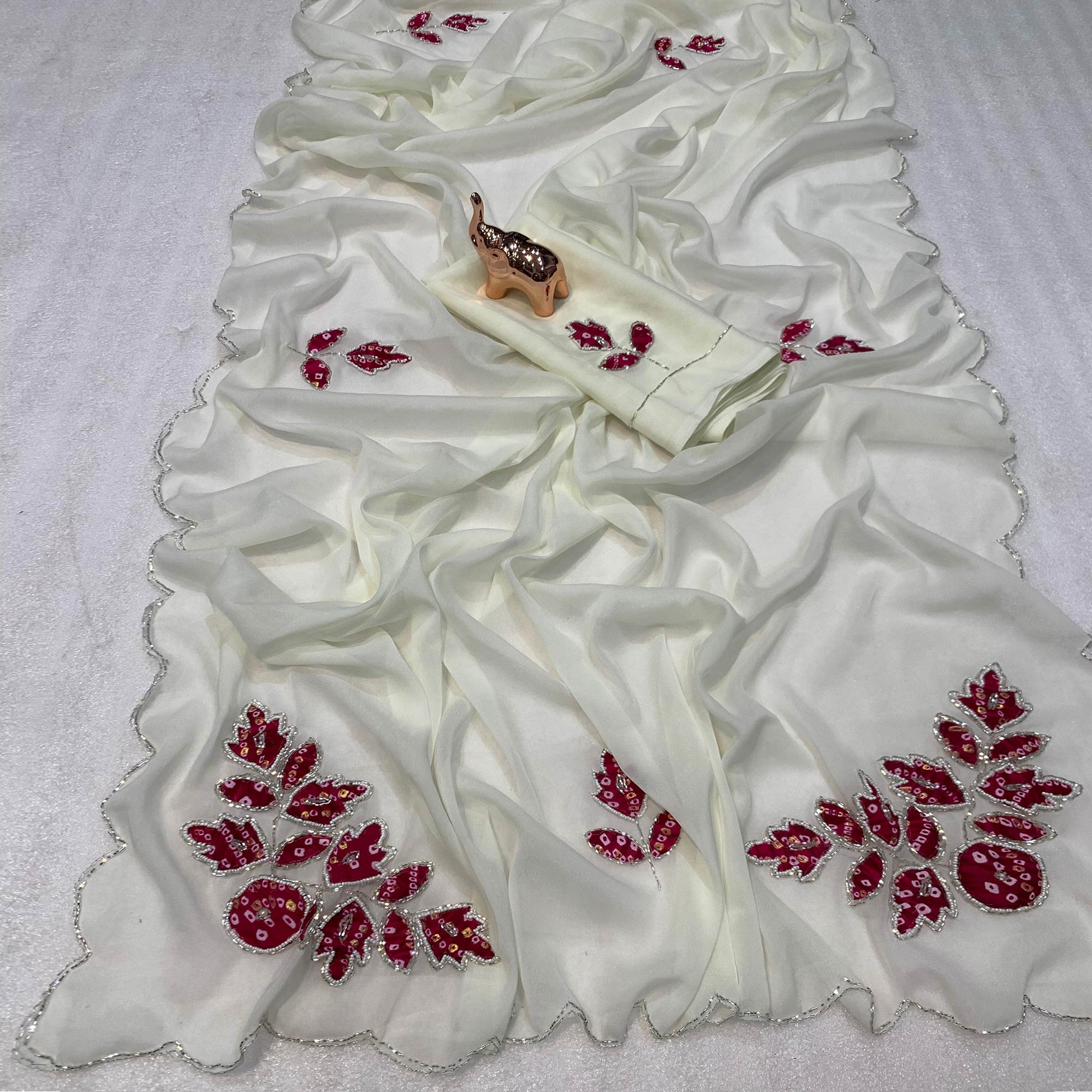 White & Pink Partywear Georgette Saree with Delicate Stone & Bead Work