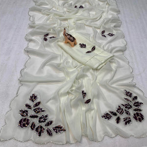 White & Wine Partywear Georgette Saree with Delicate Stone & Bead Work