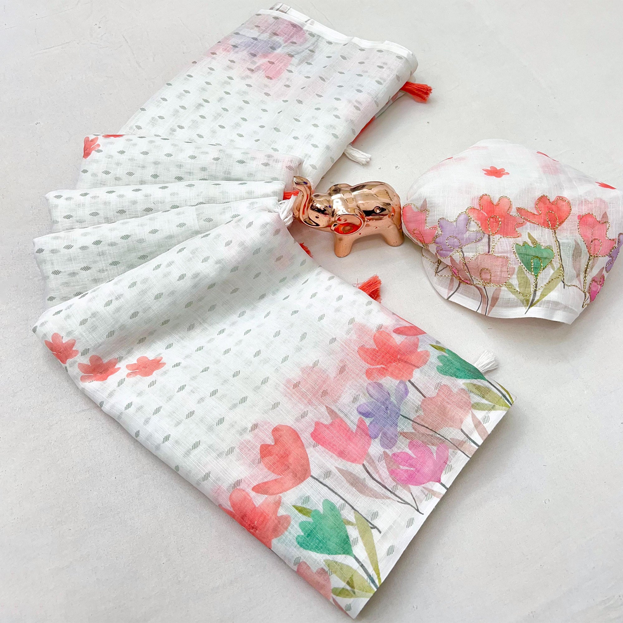 White Linen Cotton Saree with Beautiful and Vibrant Digital Printed Designs